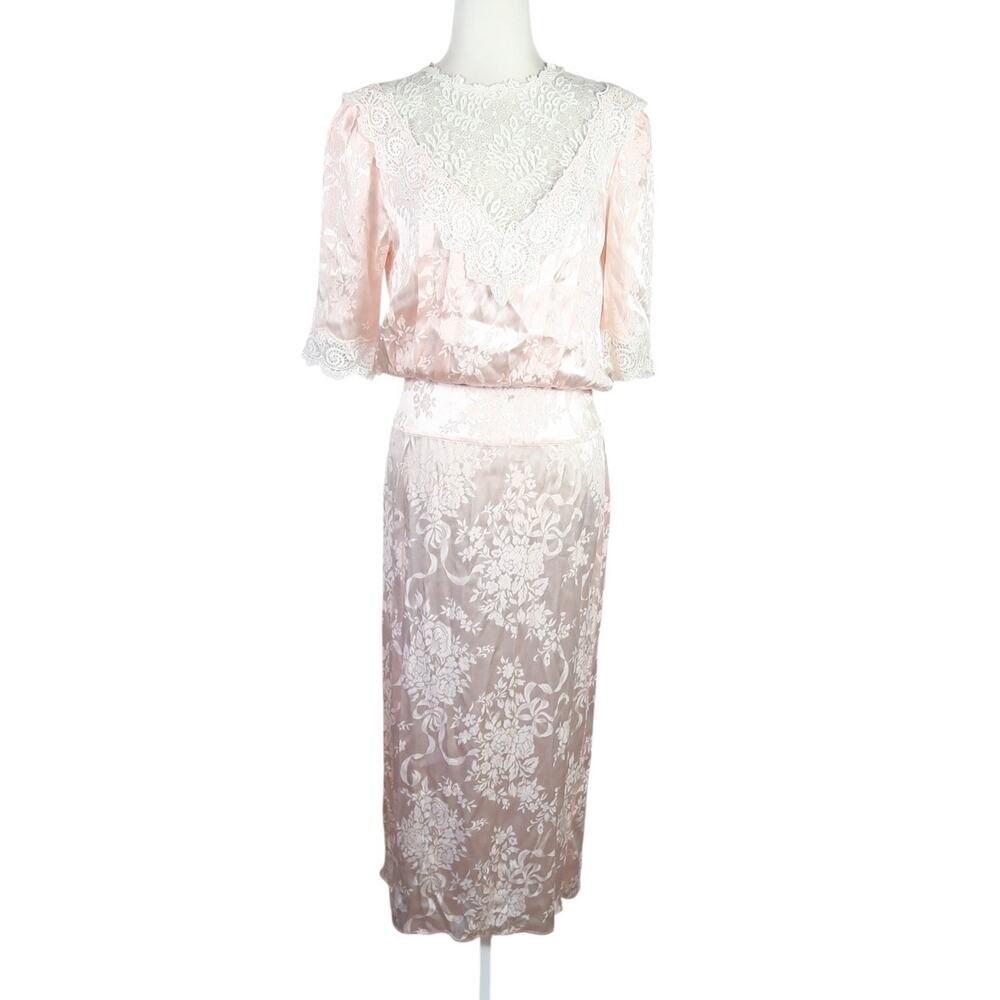 Vintage 80s Jessica McClintock Pink Floral Satin White Lace Long Party Dress S